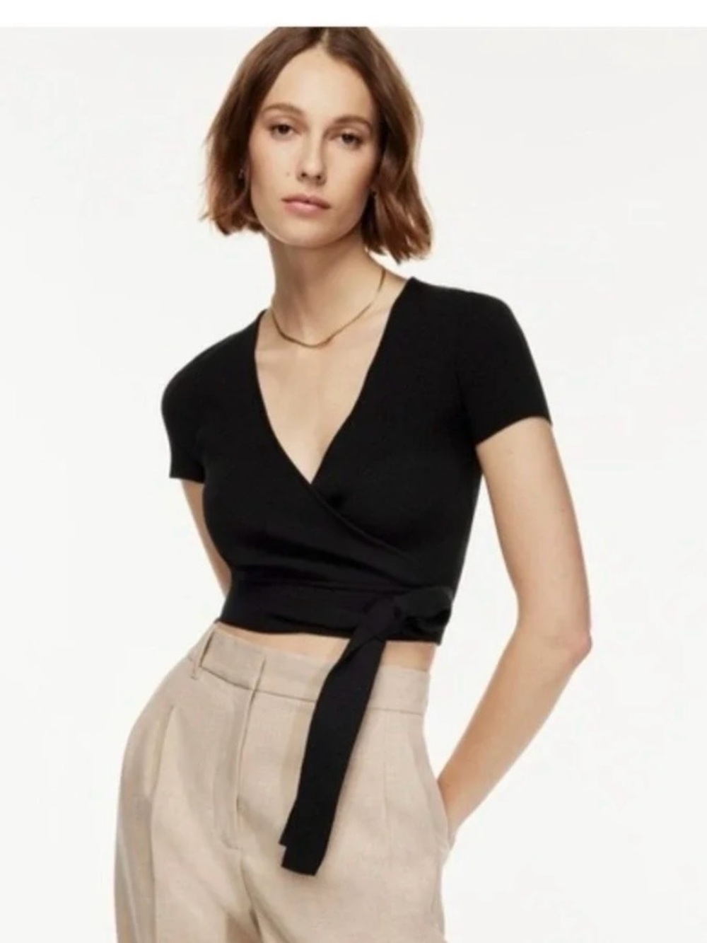 Aritzia Black Knit Wrap Waist Short Sleeve Ribbed Crop Top
